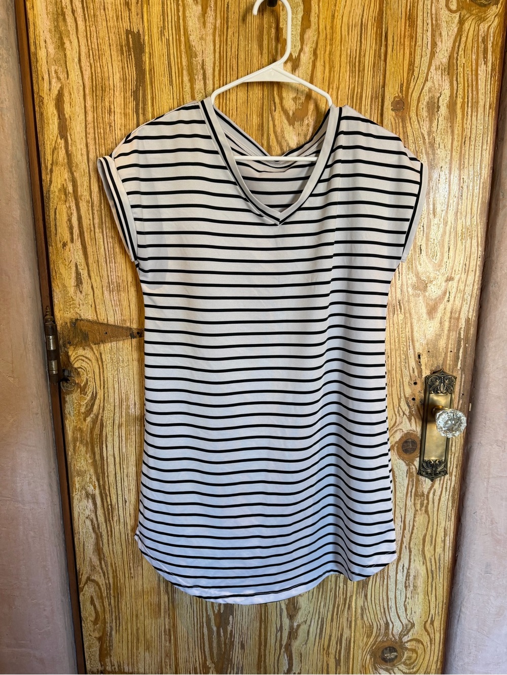 SHEIN White and Black Striped V-Neck Short Sleeve T-shirt Dress